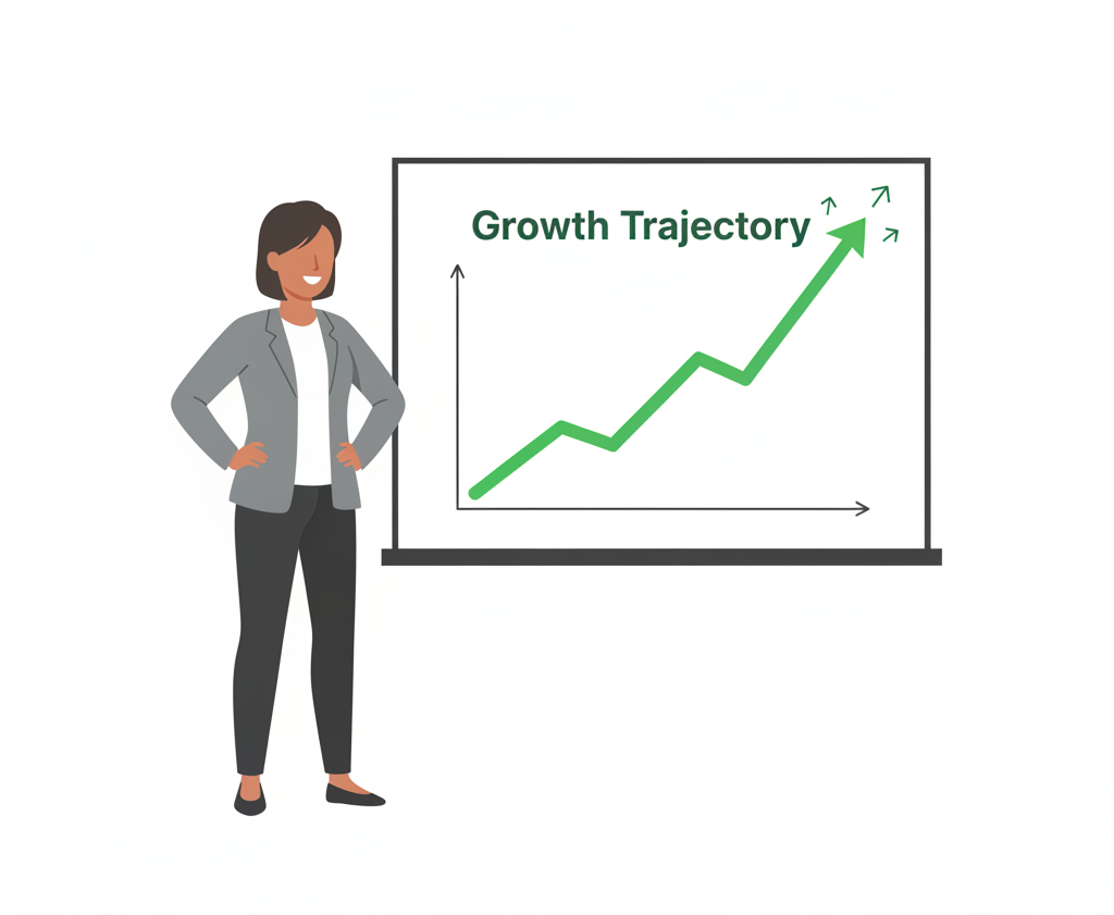 Alt text: A stylized vector illustration of a founder presenting a slide with a hockey stick graph showing strong startup traction.