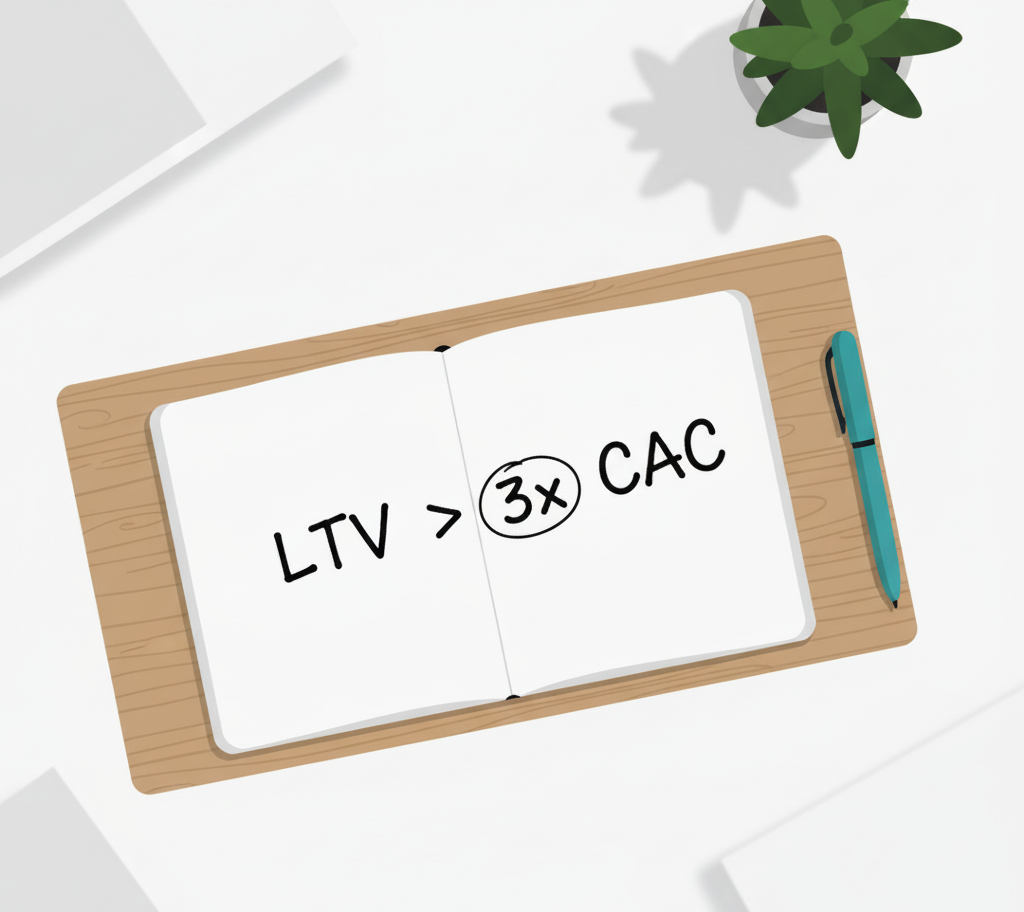 A notebook on a desk with the ideal LTV to CAC ratio formula written on it.