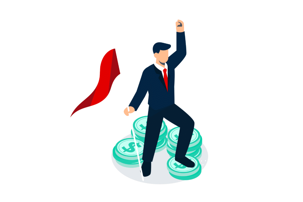 An investor standing on a pile of golden coins, symbolizing the need for vigilance in the face of potential financial red flags.