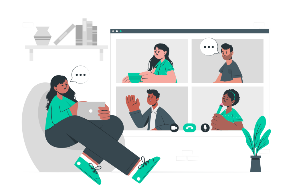 An illustration of a remote team conducting a virtual meeting, with each member actively engaged in a collaborative discussion through their individual digital windows, highlighted by a serene color palette of greens, grays, and whites.