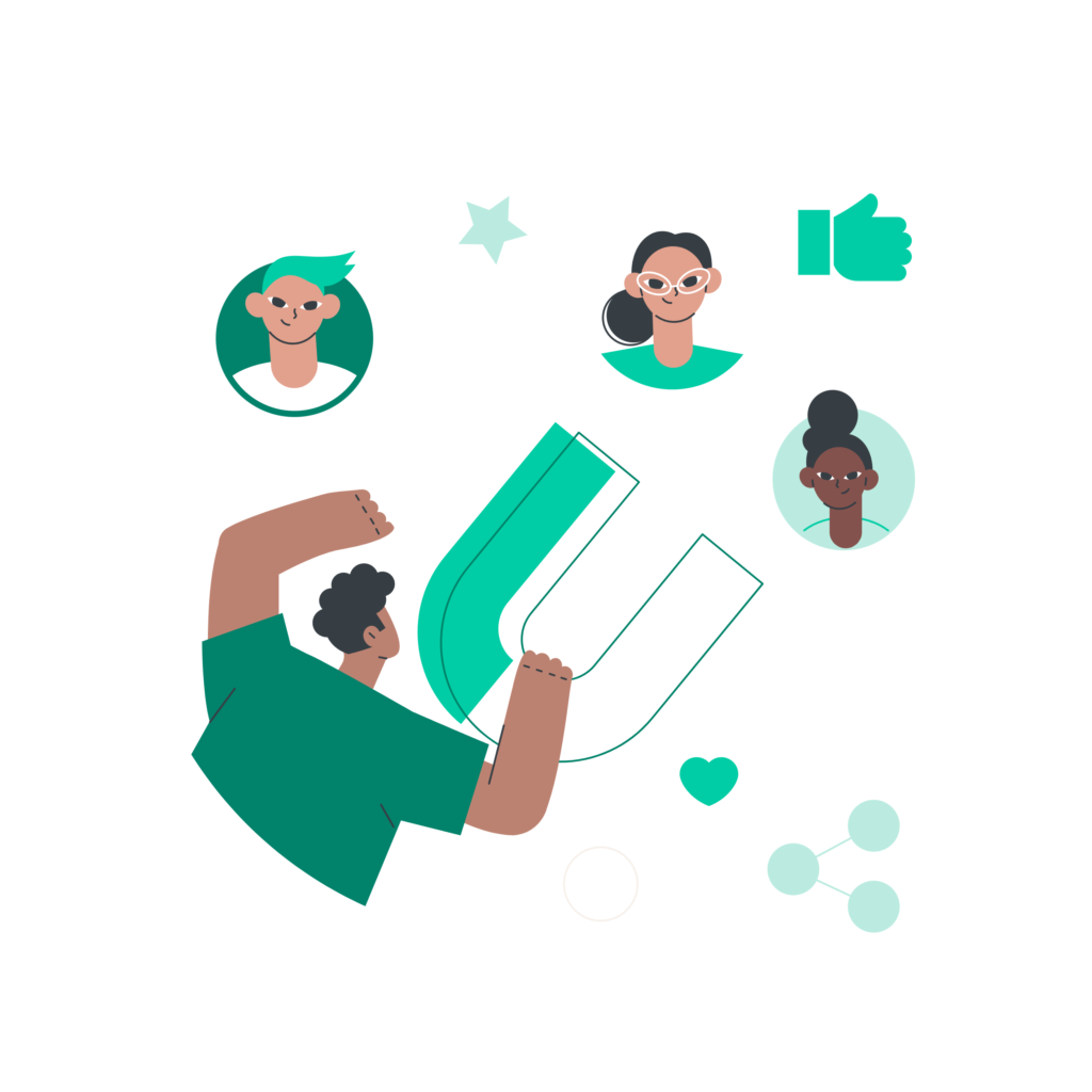 An illustration depicting a customer acquisition strategy where a person is using a large U-shaped magnet to attract diverse potential customers, represented by human icons.