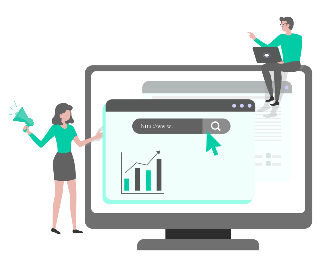An illustration representing the concept of drive traffic through SEO. Two individuals are shown interacting with a large computer monitor that displays a webpage with a search bar and a growth chart.