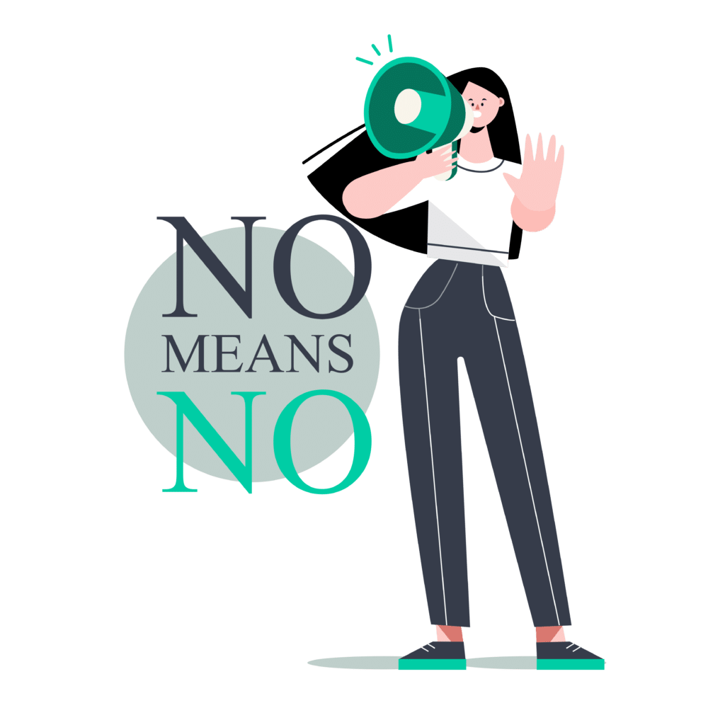 An illustration of a woman using a megaphone to assertively communicate ‘NO’, symbolizing her prioritization and determination to focus on her startup goals.