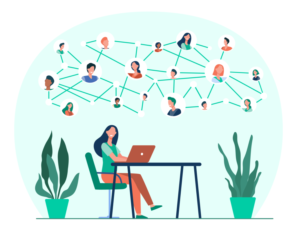Woman networking with different people.