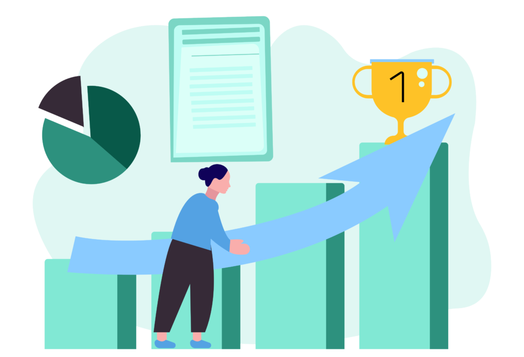 A woman engaged in competitor analysis, aiming for the top spot.