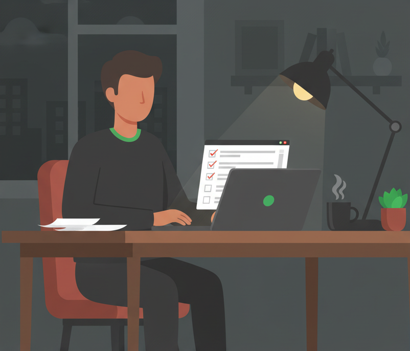 A founder preparing for startup due diligence by reviewing a checklist.