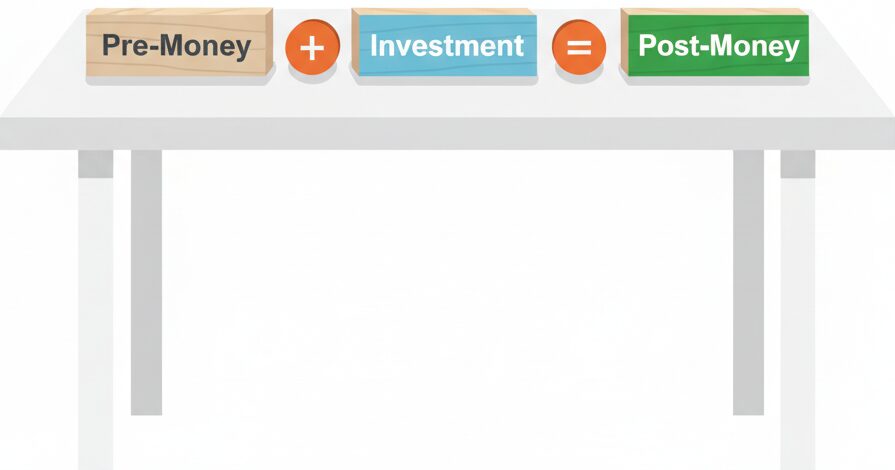 Wooden blocks showing the formula for an early-stage startup valuation: Pre-Money + Investment = Post-Money.
