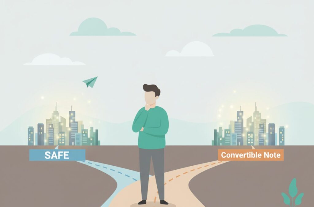 A founder chooses between SAFE notes and convertible notes for their startup funding
