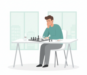 A founder contemplating their next move over a chessboard, symbolizing a thoughtful startup pricing strategy.